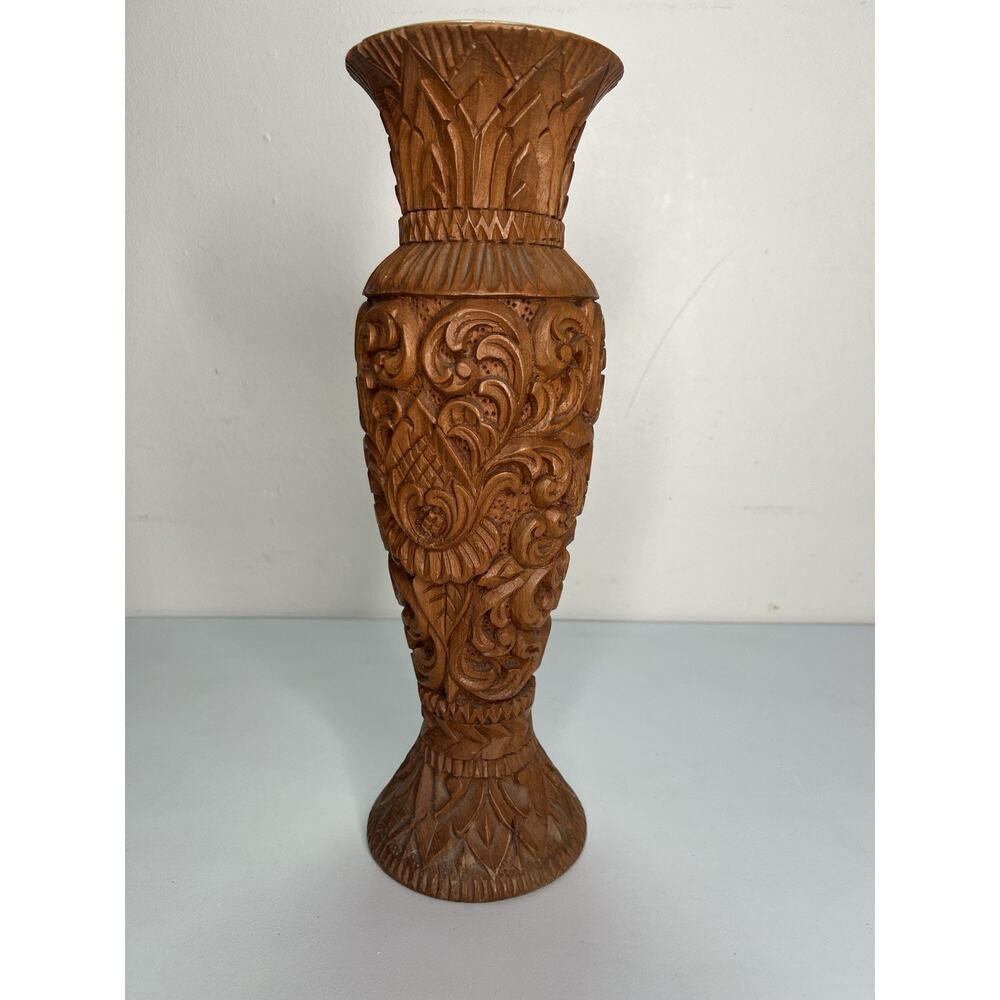 Vintage Hand Carved Wood Vase Scroll Design Ornate Decorative Rustic Brown